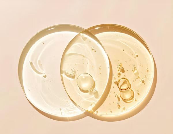 Two overlapping discs of clear and golden serum