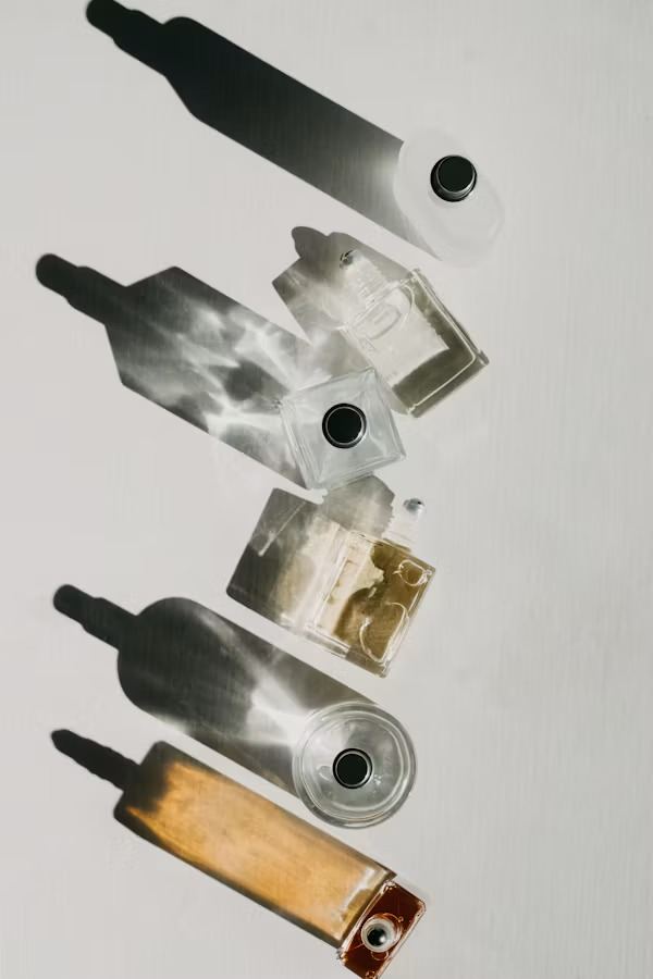 Glass perfume bottles in a diagonal line with long shadows